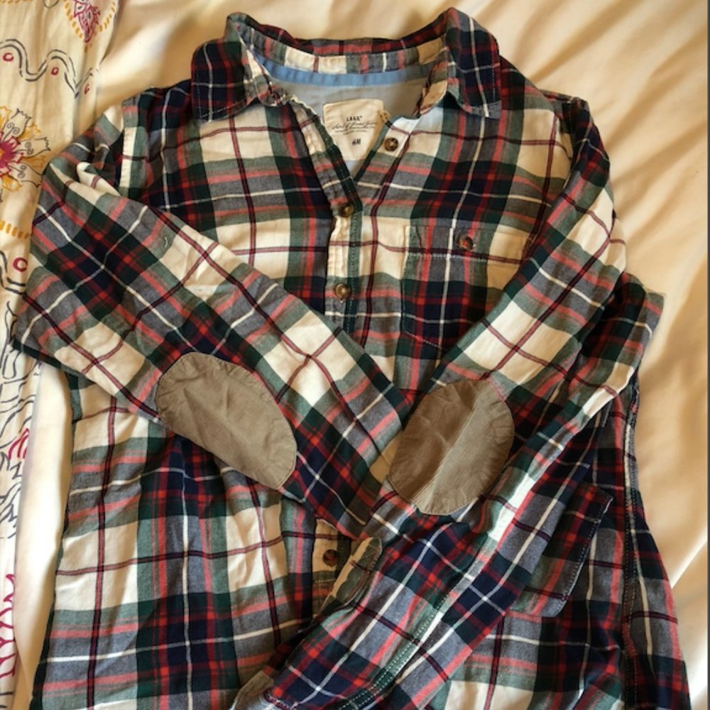 H&M Plaid multi color shirt with elbow patches